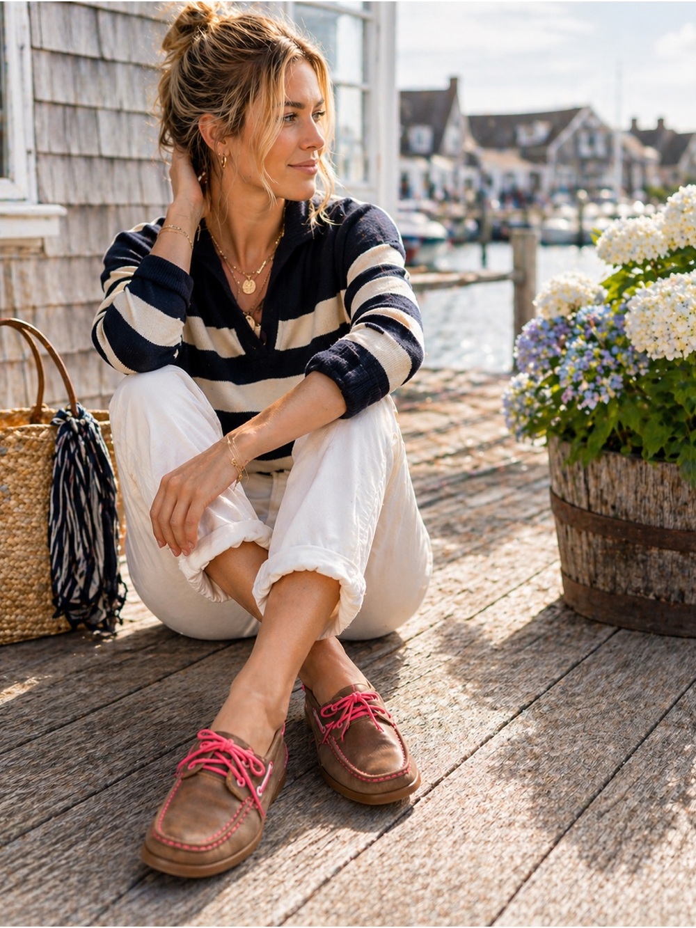 Women’s Brown Leather Boat Shoes Pink Laces Casual Coastal Preppy Comfort Size 8